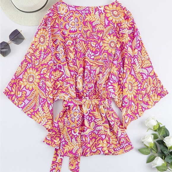 Boho Floral Print Belted Surplice Blouse Bohemian Top - Picture 11 of 15